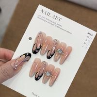 Nouvelle Arrivée : Faux Ongles à Presser en Acrylique Amande Faits Main, Style Coquillage Océanique Estival, avec Paillettes Brillantes et Nœud Noir, en Gel
