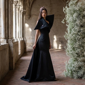 Nt149 <b>Black</b> Evening Dress Oversized Asymmetric Collar Satin Sheath Formal Gown With Front Slit for Party Banquet Jancember - Product Image 1