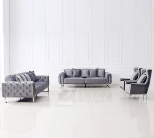 Chesterfield Furniture <strong>Grey</strong> 7 Seater Couch Velvet Fabric 3+2+1+1 Sofa <strong>Loveseat</strong> and Chair - Product Image 1