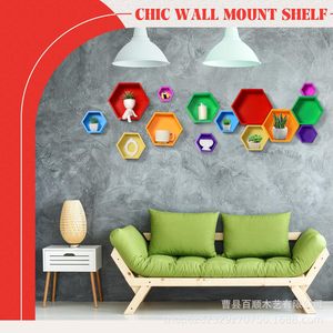 Wooden Hexagonal Wall Mounted <b>Shelf</b> 7 Piece Set Colorful Storage <b>Rack</b> For Kids Room Decoration - Product Image 5