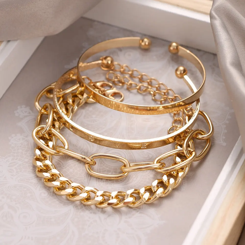 4pcs Punk Curb Cuban Chain Bracelets Set for Women Miami Boho Thick Gold Color Charm Bracelets Bangles Fashion Jewelry