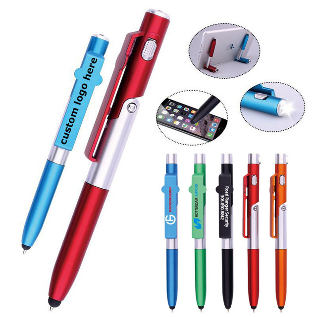 New Design 4-in-1 Multi-Function Folding LED Light Stylus Touch Pen Ballpoint Pen with Phone Bracket Made of Durable Plastic