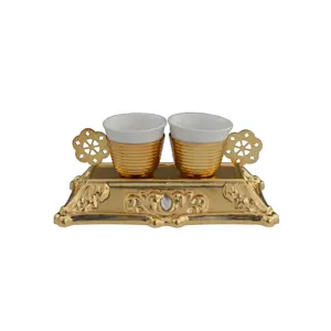 Arabic metal gold leaf shape festival gift ceramics tea cup set with handle