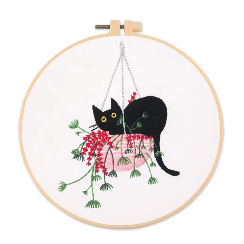 Factory Hot Sale Cat And Plants Handmade New Easy Cross Stitch Kit For Beginner Needlework Embroidery Kit Diy