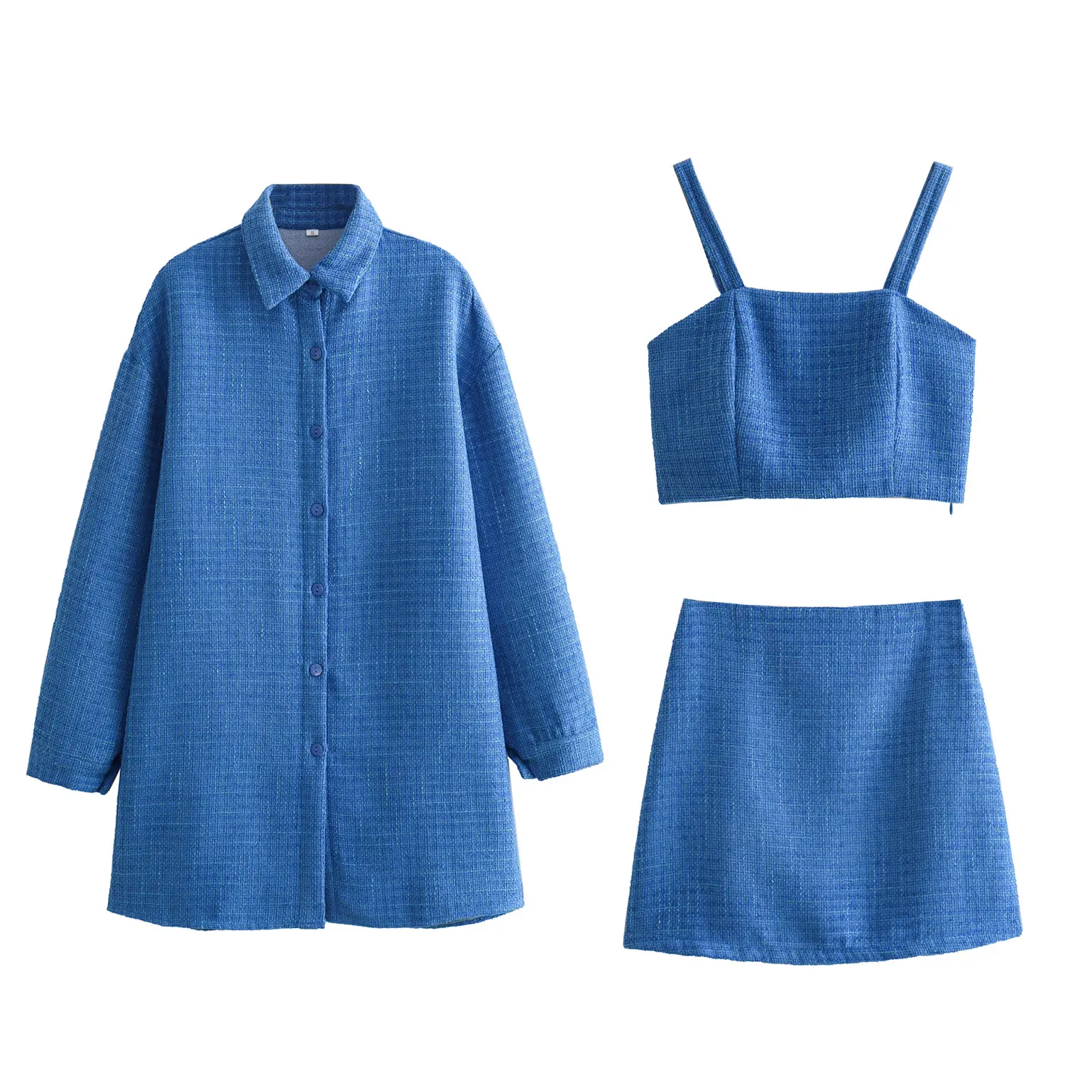 Turn down collar manga longa jaqueta spaghetti strap top colheita cor azul mini saia das mulheres casual 3 peça set