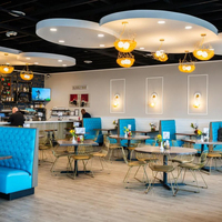 Ensemble de sièges de restaurant en cuir capitonné bleu personnalisé avec boutons, chaise en fil doré et table ronde pour café et bistro