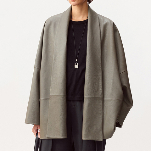 5222 Fall Fashion Sheepskin Extremely Simple Style Long Sleeved Shoulder Shaped Cardigan Leather Coat for Women