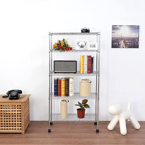 יחידת מדפים כבדה בעלת 5 מדפים עם גלגלים, מדפי תיל מתכווננים מפלדה, מארגן מדפים ממתכת כרום למטבח - Product Image 3