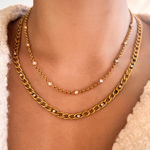 MYNECK 2026 NUEVO Conjunto de Collar de Cadena Cubana de Acero Inoxidable con Baño de Oro de 18K y Circonita, Estilo HIPHOP, para Mujer - Product Image 1