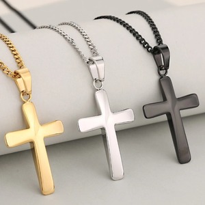 Collar con colgante de cruz clásica cristiana, acero inoxidable pulido, joyería religiosa, regalo de bautismo y comunión para hombres y mujeres - Product Image 1
