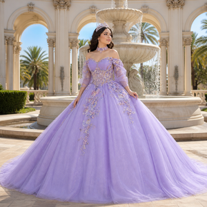 6947 Vestido de Quinceañera con Cuello de Flores, Ilusión de Hombros Descubiertos, Apliques Bordados y Estampado Floral, con Lazo y Cola Capilla - Product Image 1