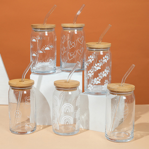 USA kho 480ml 16oz rõ ràng UV Vinyl tùy chỉnh ICE COFFEE Glass có thể <span class=keywords><strong>cup</strong></span> với nắp tre và kính cong rơm - Product Image 6