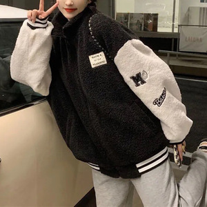 American Retro Stand Up Collar Fleece Jacket Women Black Coffee Color Windproof Autumn Winter Loose Student Baseball Coat - Product Image 2
