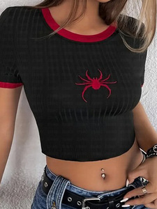 T-shirt da <span class=keywords><strong>Donna</strong></span> Leggera con Ricamo a <span class=keywords><strong>Ragno</strong></span> e Decorazione Cartoon, Top Corto a Maniche Corte - Product Image 6