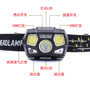 Lampe frontale XPE COB à lumière rouge, rechargeable par USB, avec capteur, étanche, pour la pêche de nuit, le camping - Product Image 3
