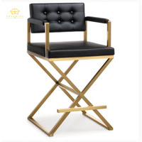 Nouveau design Chaise de bar moderne en cuir véritable noir avec cadre doré Chaise de comptoir de luxe.