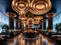 Design d'intérieur de restaurant et de bar de luxe Art Déco |   Solution clé en main pour l'aménagement de restaurants et de salons avec des éléments personnalisés en marbre, bois et laiton