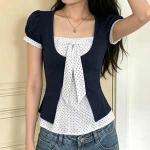 School Girl Cute Polka Dot Breathable Summer Two Piece <b>Tie</b> Front Belt Casual Commute Short Sleeve T-Shirt - Product Image 2
