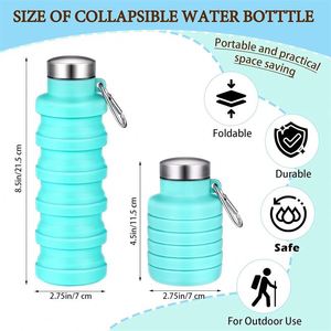 Collapsible Silicone Water <b>Bottle</b> with Carabiner Reusable Travel <b>Sports</b> Cup Leak Proof Screw Cap - Product Image 3