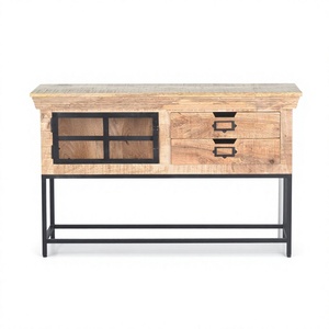 Armoire de cuisine moderne en bois massif avec support en fer et tiroirs de rangement, finition naturelle, design multifonctionnel - Product Image 1