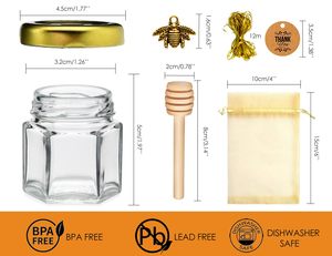 Mini pots à <span class=keywords><strong>miel</strong></span> en verre, 50 pièces, hexagonaux, avec cuillère en bois, pendentifs abeilles, couvercles à vis, capacité 45 ml, pour <span class=keywords><strong>mariage</strong></span> et fête - Product Image 2