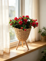 Panier à plantes autoportant en jute tressé, forme conique avec support trépied en bois, pot de fleurs d'intérieur