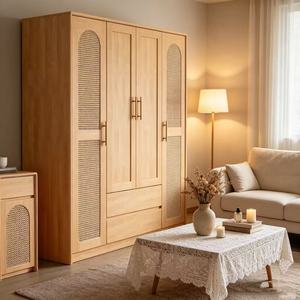 Armoire en bois massif de chêne clair de qualité supérieure à 2 portes avec 2 tiroirs, organisateur de chambre moderne minimaliste multifonctionnel - Product Image 4
