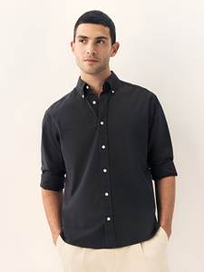 Chemise habillée décontractée pour homme, coupe classique, en lin gris anthracite, col rabattu, boutons en corne, manches longues, respirante - Product Image 1