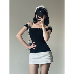 T-shirts pour femmes très demandés, col mandarin, style coréen, coupe ajustée, épaules dénudées, volants, marque privée, livraison gratuite - Product Image 4