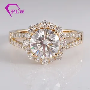 14k yellow gold Shining halo moissanite diamond ring Handmade setting ring for ladies