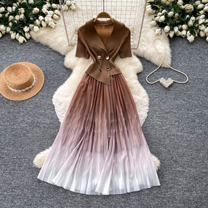 <span class=keywords><strong>Abito</strong></span> lungo da donna elegante con colletto a revers, maniche corte, <span class=keywords><strong>doppiopetto</strong></span>, vita cinata e pieghe sfumate per primavera estate - Product Image 3