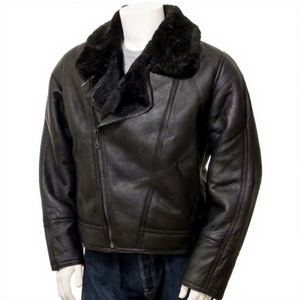 <b>Mens</b> Real Black Leather <b>Jacket</b> Fur Collar B3 Bomber Aviator <b>Shearling</b> Flight Coat Custom Classic Winter Warm Outwear Fashion New - Product Image 1