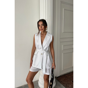 Conjunto de Chaleco y Pantalones Cortos Deportivos para Mujer, 100% Lino, Color Blanco, Corte Holgado, Largo hasta la Rodilla, Decoración con Logotipo, Diseño Sólido, para Otoño, Uso en el Hogar - Product Image 5