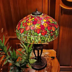 Wedding Room Festive Table Lamp Tiffany Tulip Living Room Study Decoration Retro 20 Inch Electric Cast Iron Ceiling Light Dome