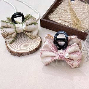 Pince à cheveux en velours tendance, nœud imprimé élégant avec perles coréennes, accessoires pour cheveux, bandeau pour femmes - Product Image 2