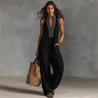 Combinaison décontractée sans manches en lin mélangé pour femme, col montant zippé, imprimé décoratif, collection Printemps 2026 Europe-Amérique