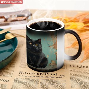 Curved Body Comfortable Hold Mug Frosted Black 11oz <b>Ceramic</b> Heat Sensitive Drinking <b>Cup</b> - Product Image 5