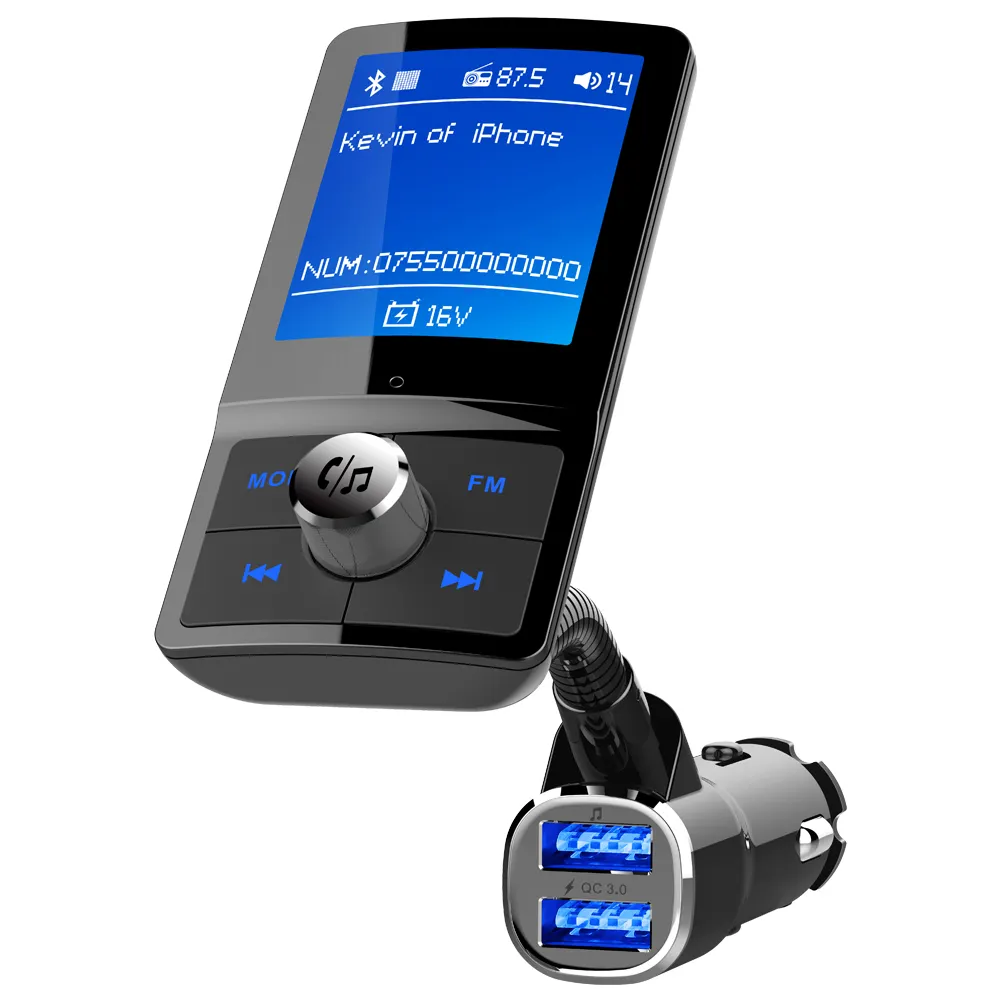 Transmisor FM con pantalla a color, MP3 para coche, inalámbrico, compatible con Bluetooth, manos libres, Kit de coche con cargador de coche USB Dual QC 3,0