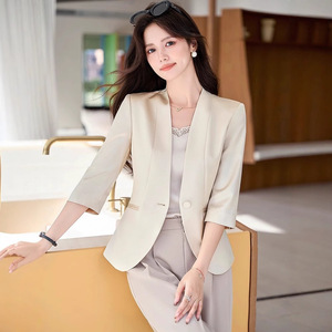 Women's Champagne Satin Blazer Three Quarter Sleeve Lightweight <b>Summer</b> 2025 Breathable Solid Color Suit <b>Jacket</b> - Product Image 1