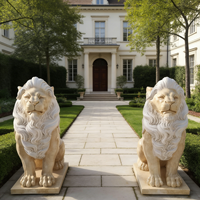 Esculturas de Leones de Mármol Blanco de Tamaño Real en Oferta, Estatuas de Leones Talladas en Piedra para Exteriores
