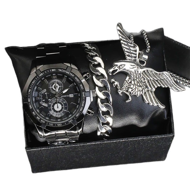 3pcs Set Sport Antique Alloy Fashion Eagle Necklace Quartz Watch Bracelet Jewelry Classic Geneva Waterproof Watches for Men Gift