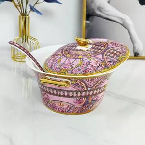 Olla para Sopa de Lujo Moderna de Alta Gama con Borde Dorado, Tapa de Cerámica, Diseño de Doble Asa, Tazón Grande sin Recubrimiento, para Uso Doméstico - Product Image 3