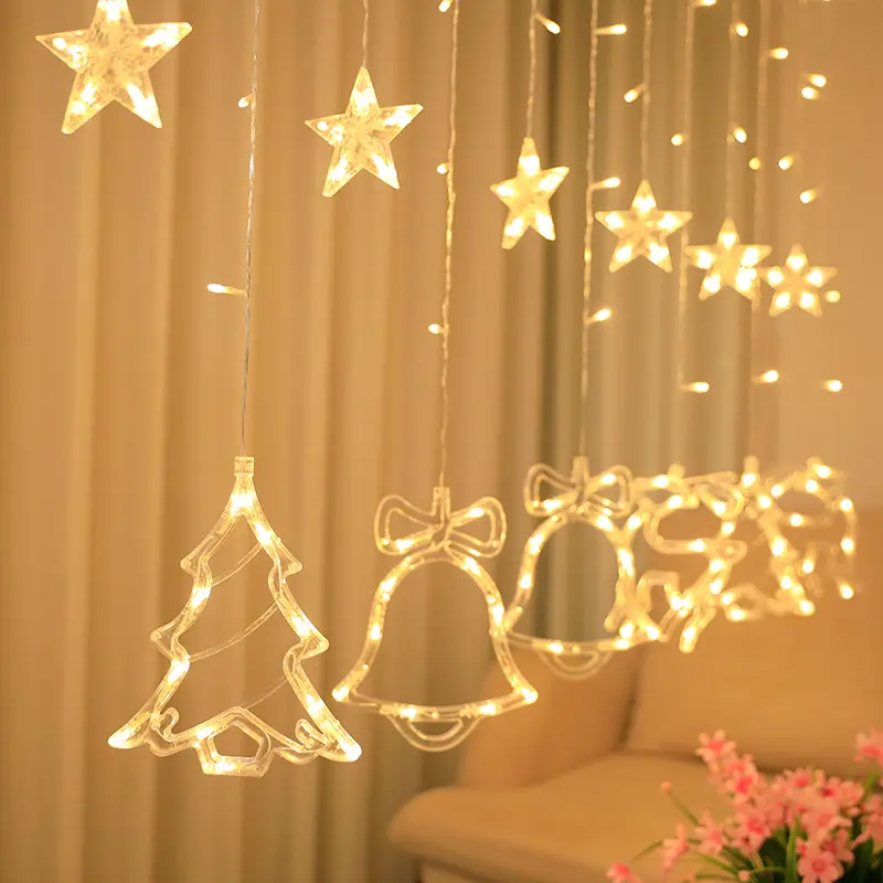 Gordijn Lamp Fairy Kerstboom Kerstman Elk Bell String Licht Opknoping Xmas Verlichting