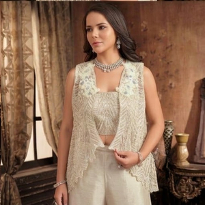 Women Designer Embroidered Crop Top with <b>Shrug</b> <b>Jacket</b> and Wide Leg Flared Palazzo Set Indian Indo Western Party Wear Dress - Product Image 2