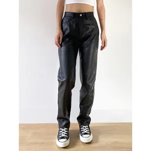 Pantalones de piel sintética gruesos y cálidos para mujer, ropa personalizada de talla grande y pierna ancha, novedad de 2022