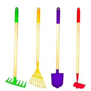 Kids Long Garden Tools 4pcs Set Include Long Handle Rake Shovel Hoe Leaf Rake