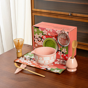 Ensemble de bols à matcha japonais 4/5/7/8 pièces, kit en céramique verte Chawan avec bec verseur, motif de fleurs de cerisier pour fouetter le thé - Product Image 2