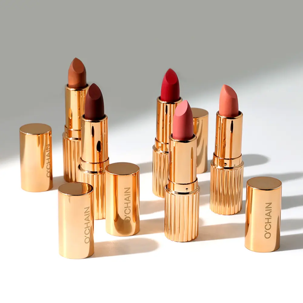 Produsen Ochain lipstik Matte kustom tahan air Vegan Gold halus Label pribadi kualitas tinggi