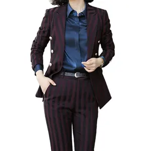 高品质柔软两件套套装条纹长裤套装加大码运动夹克办公室女士商务夹克及踝裤