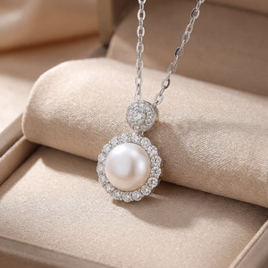 Natural Freshwater Pearl Necklace Double Circle CZ Halo Silver Plated <b>Copper</b> Jewelry Elegant Gourd Pendant Choker Bridal - Product Image 5